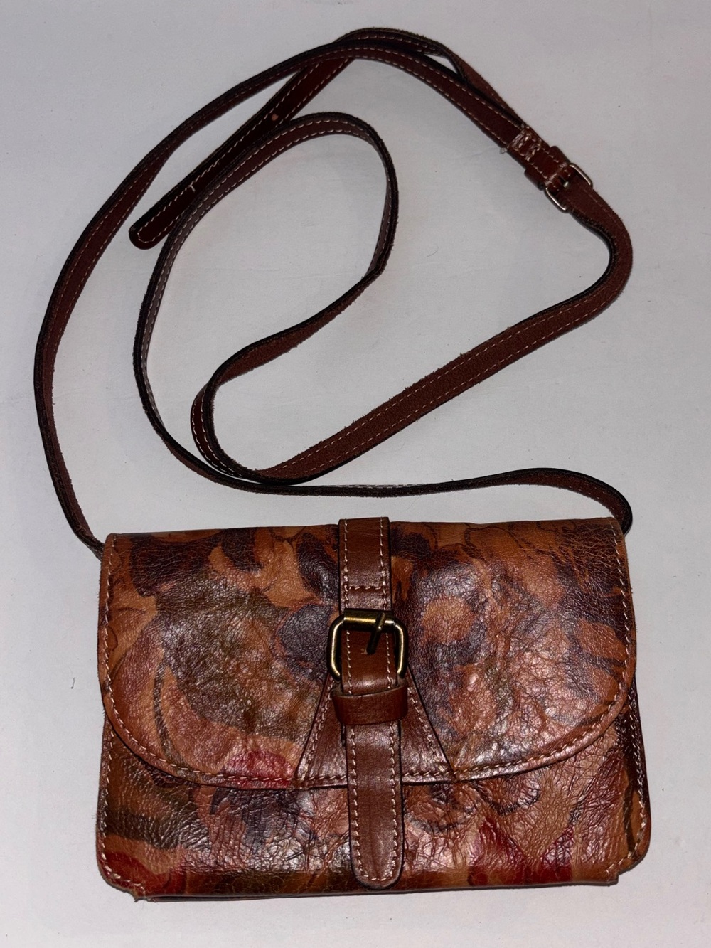 Patricia Nash Torri Brown Floral Print Genuine Leather Small Crossbody Bag Purse